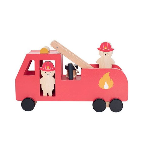 Mașină de pompieri din lemn cu figuri de ursuleți de pluș Jabadabado